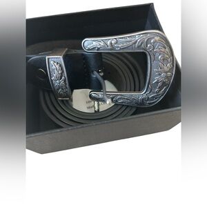 Ssumday Black Western Leather Belt Engraved Silver Cowboy Buckle XL